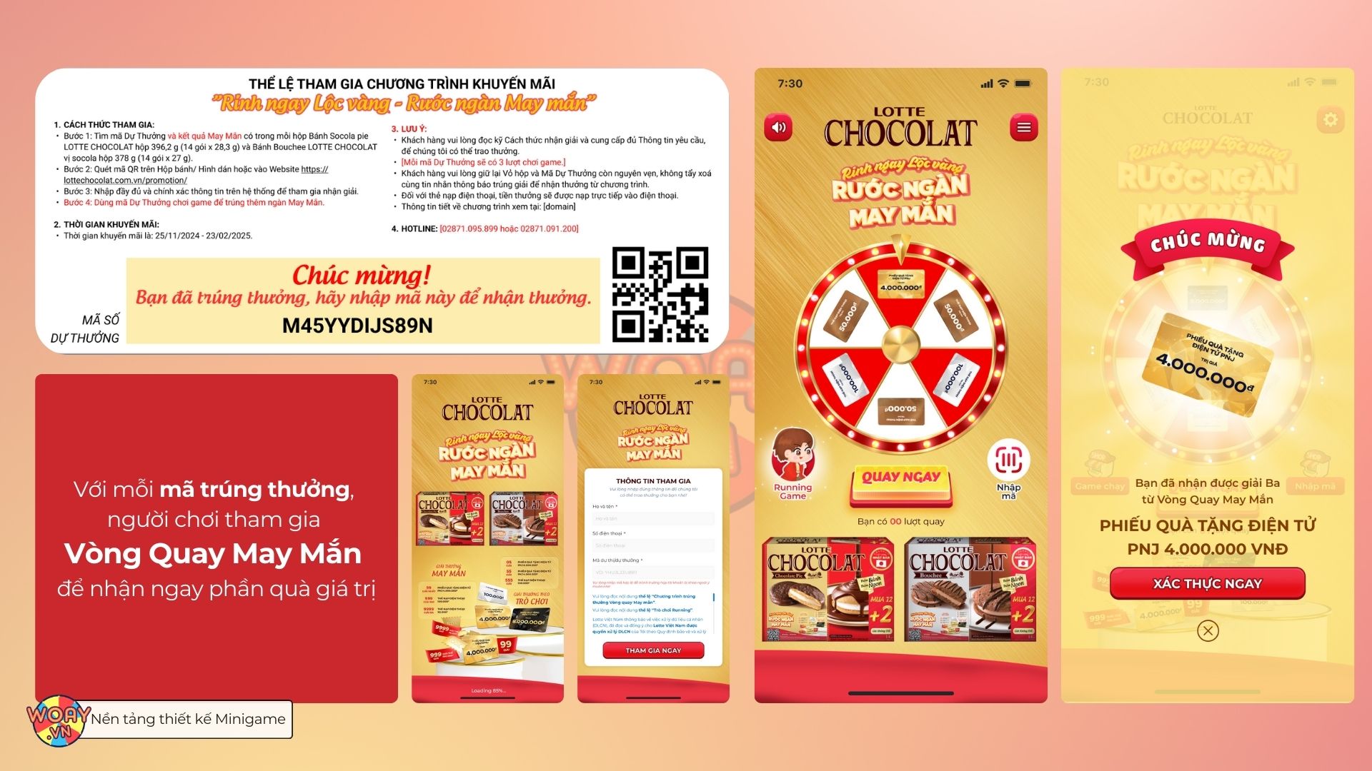 Thông tin và game vòng quay may mắn khi khách hàng trúng thưởng trong chương trình