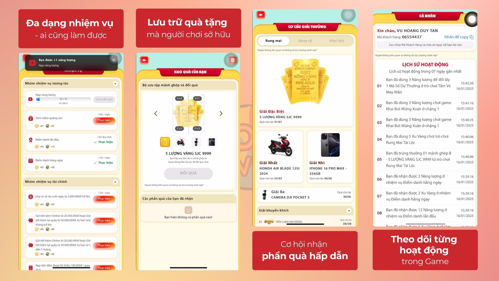 Hình ảnh về các tính năng có trong chiến dịch Hội Du Xuân 2025 của HD Bank